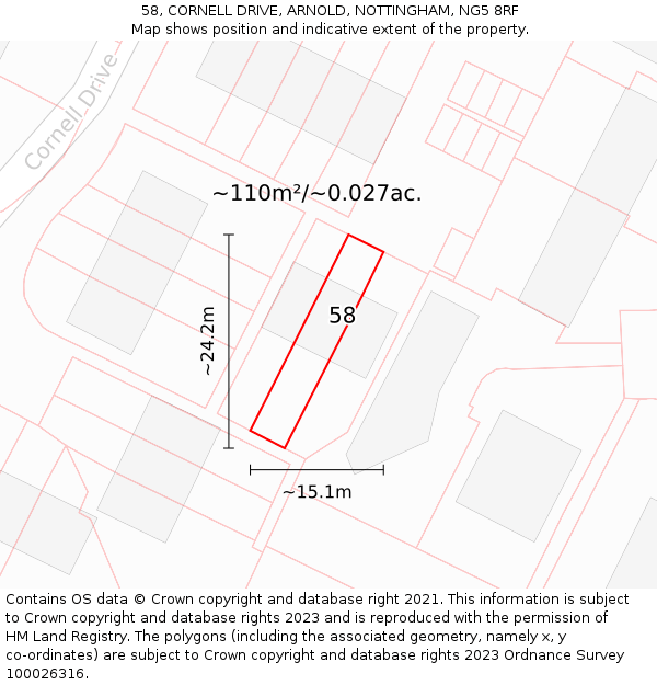 58, CORNELL DRIVE, ARNOLD, NOTTINGHAM, NG5 8RF: Plot and title map