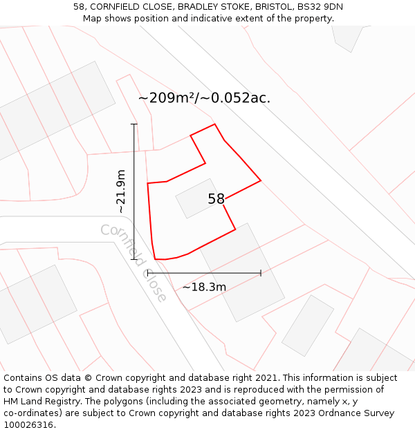 58, CORNFIELD CLOSE, BRADLEY STOKE, BRISTOL, BS32 9DN: Plot and title map