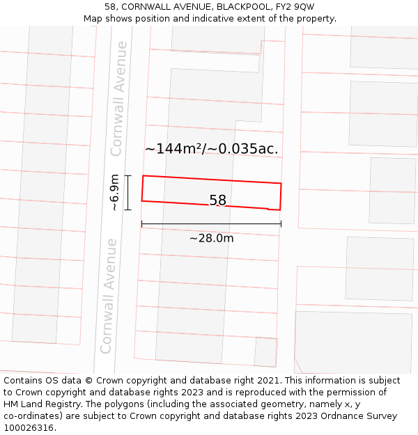 58, CORNWALL AVENUE, BLACKPOOL, FY2 9QW: Plot and title map