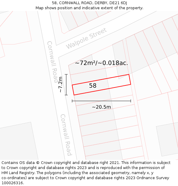 58, CORNWALL ROAD, DERBY, DE21 6DJ: Plot and title map