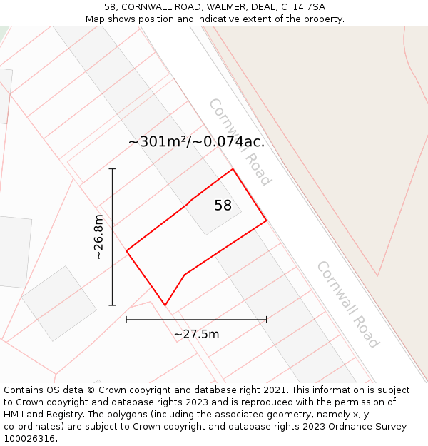 58, CORNWALL ROAD, WALMER, DEAL, CT14 7SA: Plot and title map
