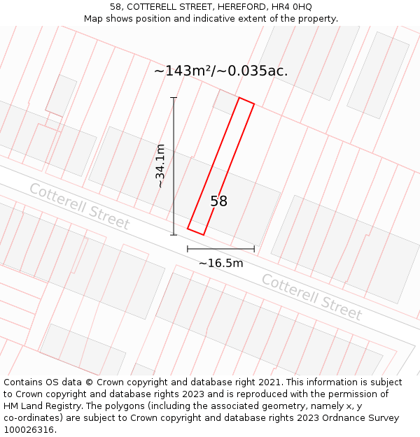 58, COTTERELL STREET, HEREFORD, HR4 0HQ: Plot and title map