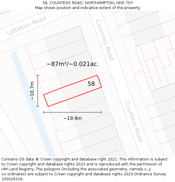 58, COUNTESS ROAD, NORTHAMPTON, NN5 7DY: Plot and title map