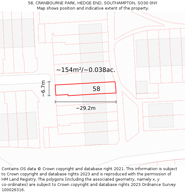 58, CRANBOURNE PARK, HEDGE END, SOUTHAMPTON, SO30 0NY: Plot and title map