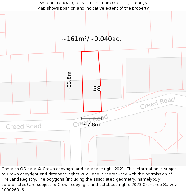 58, CREED ROAD, OUNDLE, PETERBOROUGH, PE8 4QN: Plot and title map