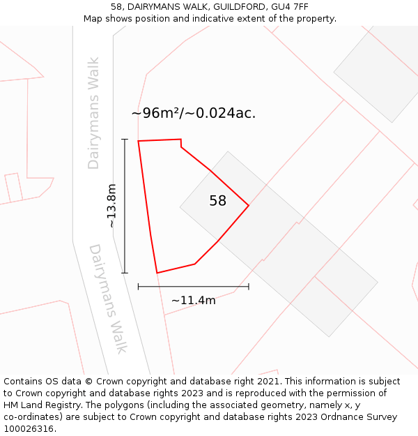 58, DAIRYMANS WALK, GUILDFORD, GU4 7FF: Plot and title map