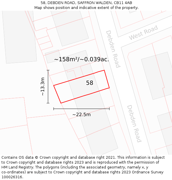 58, DEBDEN ROAD, SAFFRON WALDEN, CB11 4AB: Plot and title map