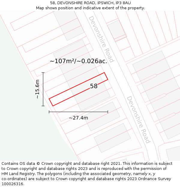 58, DEVONSHIRE ROAD, IPSWICH, IP3 8AU: Plot and title map