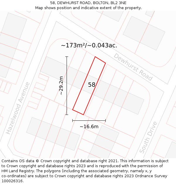 58, DEWHURST ROAD, BOLTON, BL2 3NE: Plot and title map