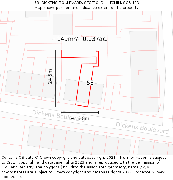 58, DICKENS BOULEVARD, STOTFOLD, HITCHIN, SG5 4FD: Plot and title map
