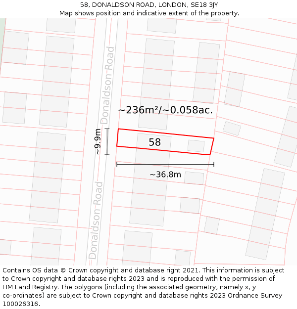 58, DONALDSON ROAD, LONDON, SE18 3JY: Plot and title map