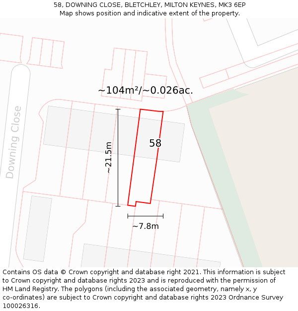 58, DOWNING CLOSE, BLETCHLEY, MILTON KEYNES, MK3 6EP: Plot and title map