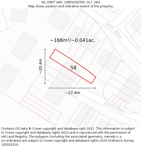 58, DRIFT WAY, CIRENCESTER, GL7 1WN: Plot and title map