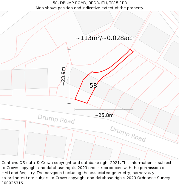 58, DRUMP ROAD, REDRUTH, TR15 1PR: Plot and title map
