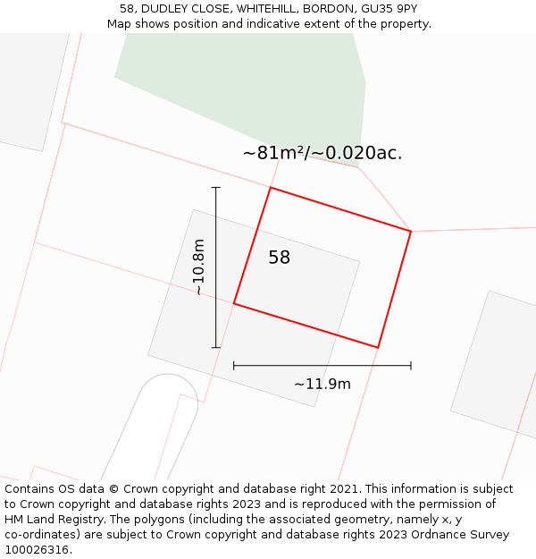 58, DUDLEY CLOSE, WHITEHILL, BORDON, GU35 9PY: Plot and title map