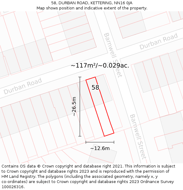 58, DURBAN ROAD, KETTERING, NN16 0JA: Plot and title map