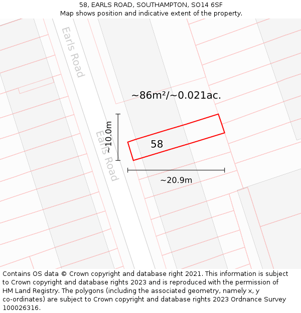 58, EARLS ROAD, SOUTHAMPTON, SO14 6SF: Plot and title map