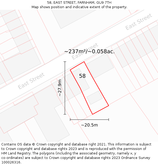 58, EAST STREET, FARNHAM, GU9 7TH: Plot and title map
