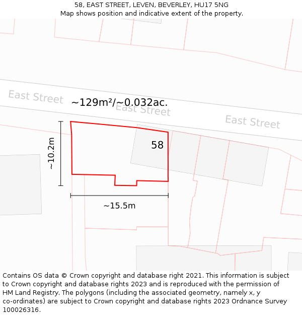 58, EAST STREET, LEVEN, BEVERLEY, HU17 5NG: Plot and title map