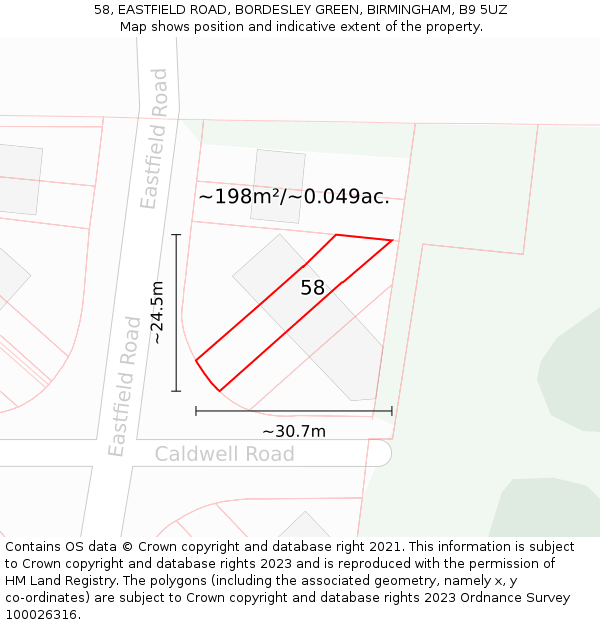 58, EASTFIELD ROAD, BORDESLEY GREEN, BIRMINGHAM, B9 5UZ: Plot and title map
