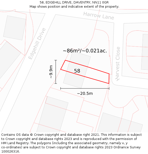 58, EDGEHILL DRIVE, DAVENTRY, NN11 0GR: Plot and title map