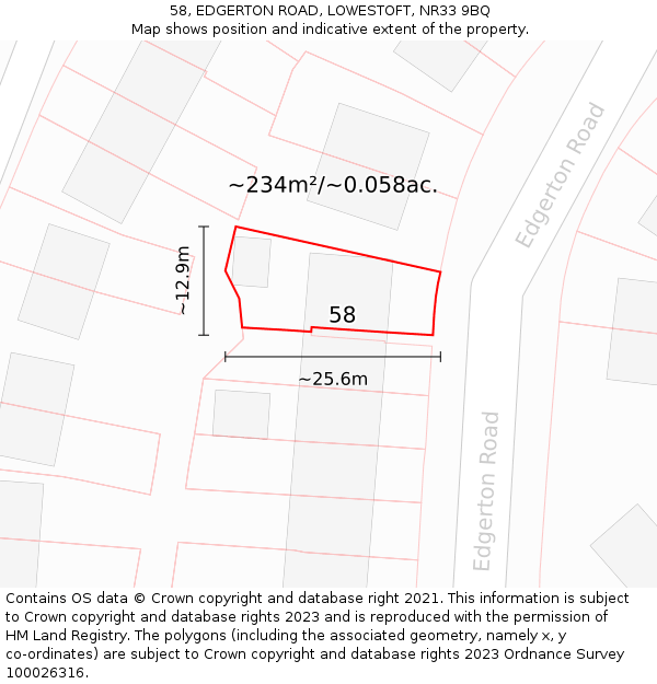 58, EDGERTON ROAD, LOWESTOFT, NR33 9BQ: Plot and title map