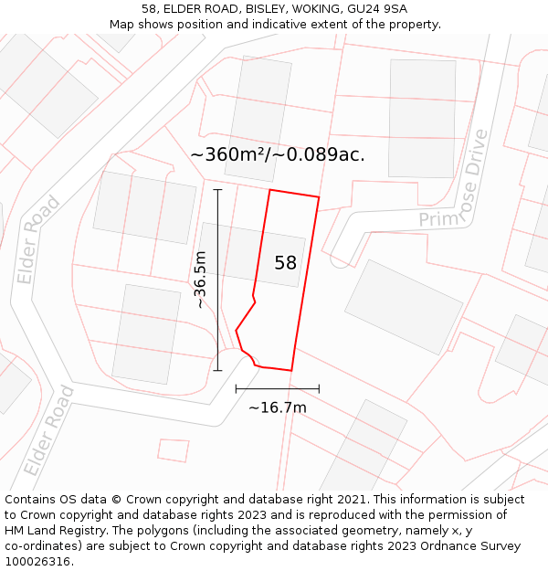 58, ELDER ROAD, BISLEY, WOKING, GU24 9SA: Plot and title map
