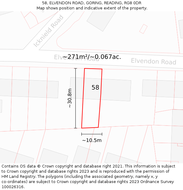 58, ELVENDON ROAD, GORING, READING, RG8 0DR: Plot and title map