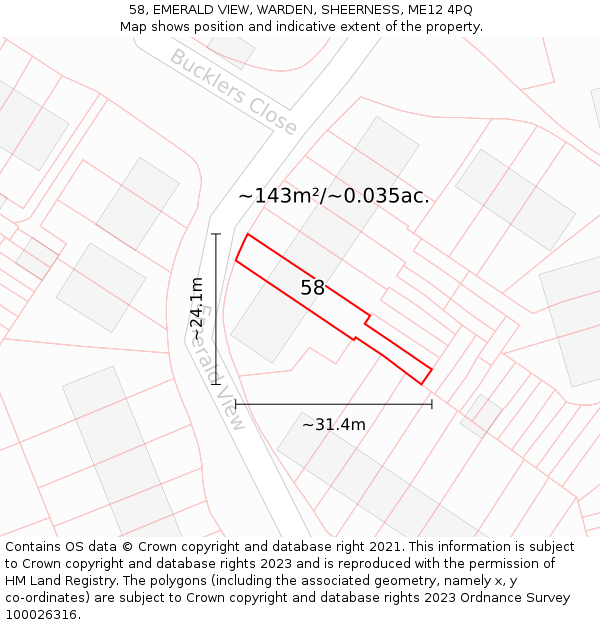 58, EMERALD VIEW, WARDEN, SHEERNESS, ME12 4PQ: Plot and title map