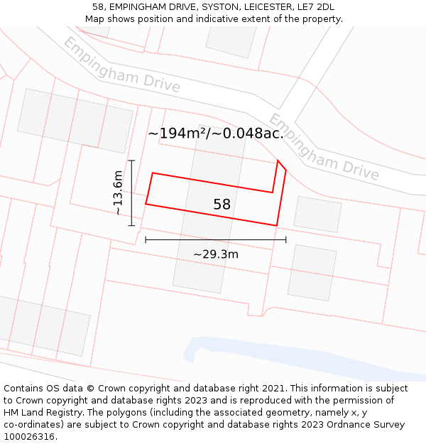 58, EMPINGHAM DRIVE, SYSTON, LEICESTER, LE7 2DL: Plot and title map