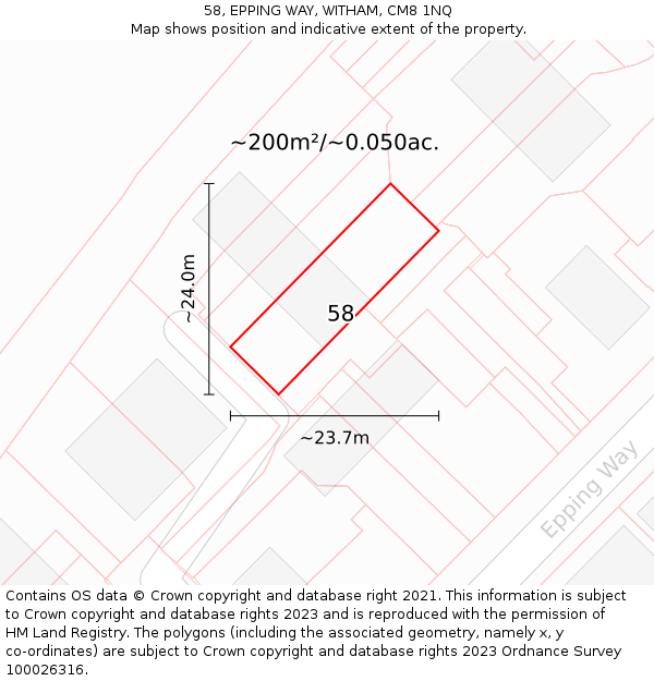 58, EPPING WAY, WITHAM, CM8 1NQ: Plot and title map