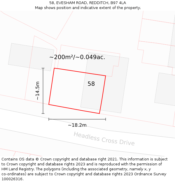 58, EVESHAM ROAD, REDDITCH, B97 4LA: Plot and title map