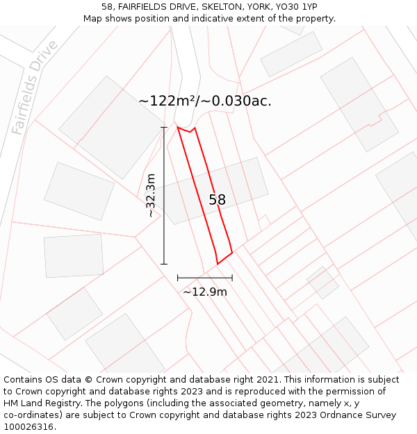 58, FAIRFIELDS DRIVE, SKELTON, YORK, YO30 1YP: Plot and title map