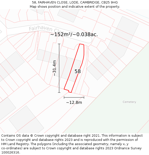 58, FAIRHAVEN CLOSE, LODE, CAMBRIDGE, CB25 9HG: Plot and title map