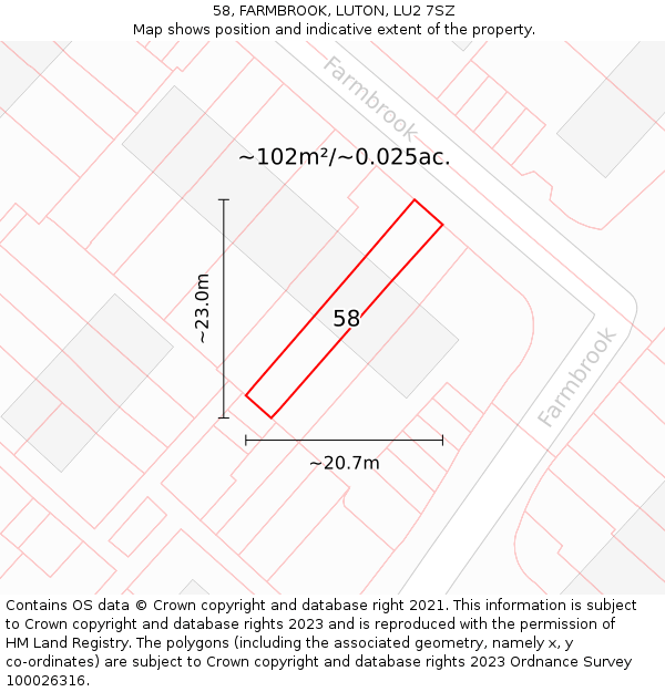 58, FARMBROOK, LUTON, LU2 7SZ: Plot and title map