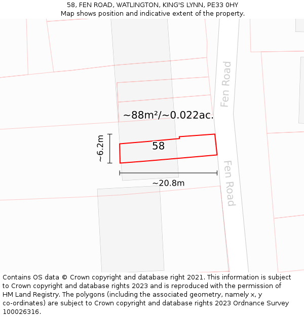 58, FEN ROAD, WATLINGTON, KING'S LYNN, PE33 0HY: Plot and title map