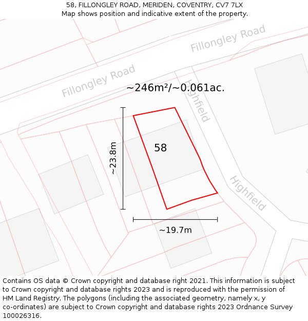 58, FILLONGLEY ROAD, MERIDEN, COVENTRY, CV7 7LX: Plot and title map
