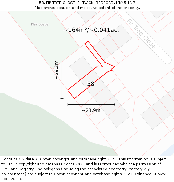58, FIR TREE CLOSE, FLITWICK, BEDFORD, MK45 1NZ: Plot and title map