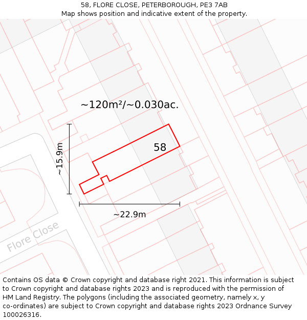 58, FLORE CLOSE, PETERBOROUGH, PE3 7AB: Plot and title map