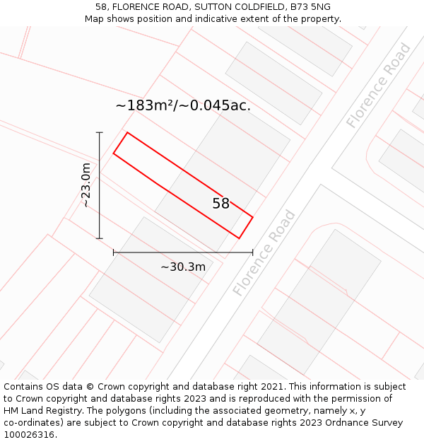 58, FLORENCE ROAD, SUTTON COLDFIELD, B73 5NG: Plot and title map