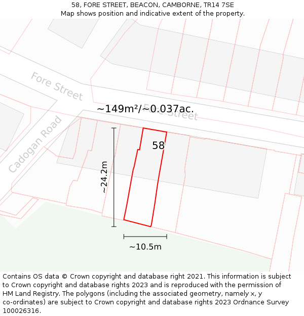 58, FORE STREET, BEACON, CAMBORNE, TR14 7SE: Plot and title map