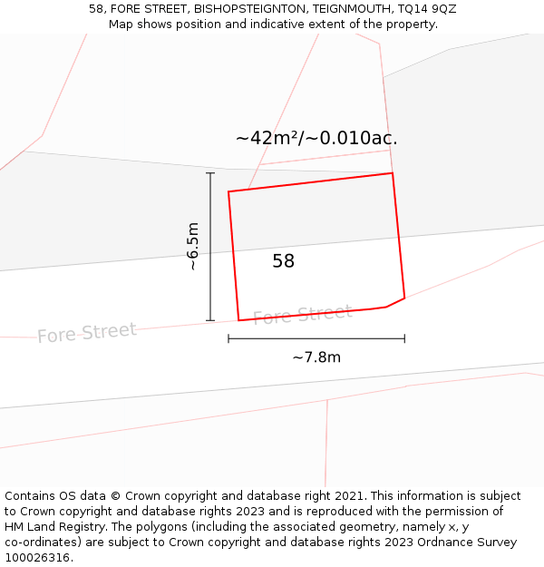 58, FORE STREET, BISHOPSTEIGNTON, TEIGNMOUTH, TQ14 9QZ: Plot and title map