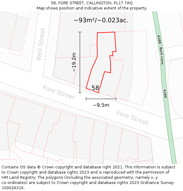 58, FORE STREET, CALLINGTON, PL17 7AQ: Plot and title map