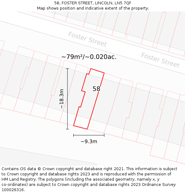 58, FOSTER STREET, LINCOLN, LN5 7QF: Plot and title map