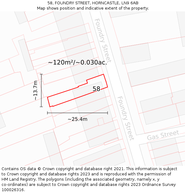 58, FOUNDRY STREET, HORNCASTLE, LN9 6AB: Plot and title map