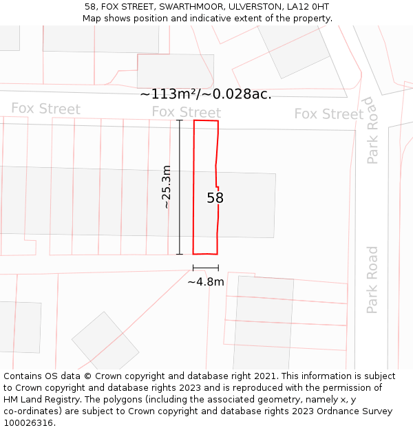 58, FOX STREET, SWARTHMOOR, ULVERSTON, LA12 0HT: Plot and title map