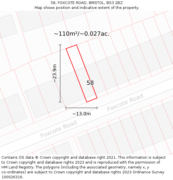 58, FOXCOTE ROAD, BRISTOL, BS3 2BZ: Plot and title map