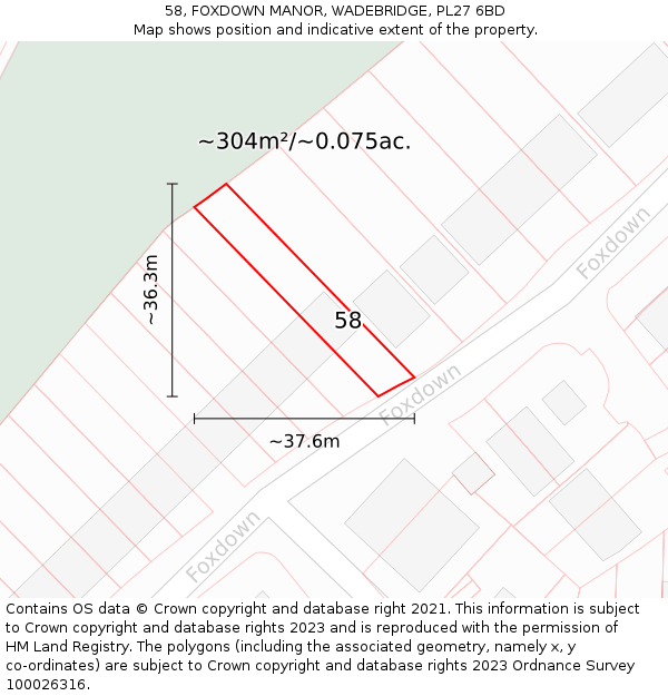 58, FOXDOWN MANOR, WADEBRIDGE, PL27 6BD: Plot and title map