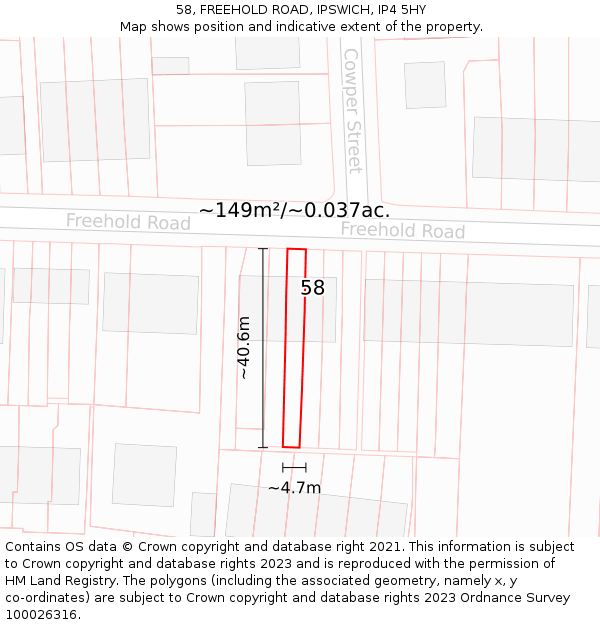 58, FREEHOLD ROAD, IPSWICH, IP4 5HY: Plot and title map