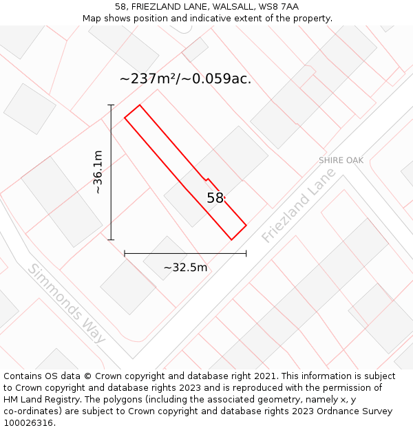 58, FRIEZLAND LANE, WALSALL, WS8 7AA: Plot and title map